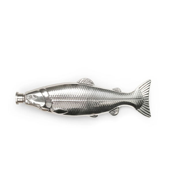 Silver fish-shaped liquor flask with scaly detail and spout at the fish's mouth