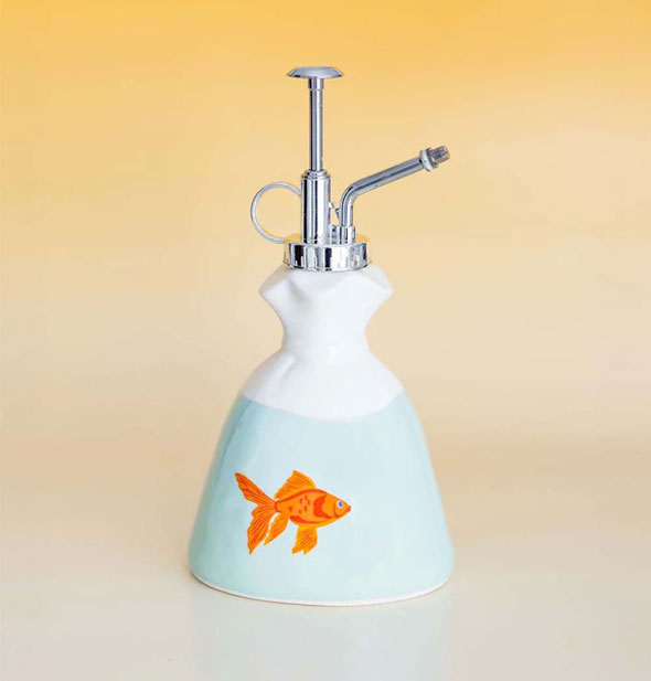 Plant mister with a silver pump and a ceramic body designed as a prize goldfish bag