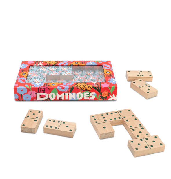 Colorful box of floral dominoes with some pieces removed