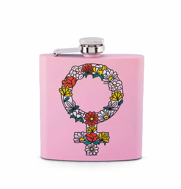 Square pink flask with illustration of the female sex symbol covered in flowers