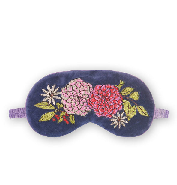 Dark blue sleep mask with lavender piping and elastic band features colorful floral embroidery