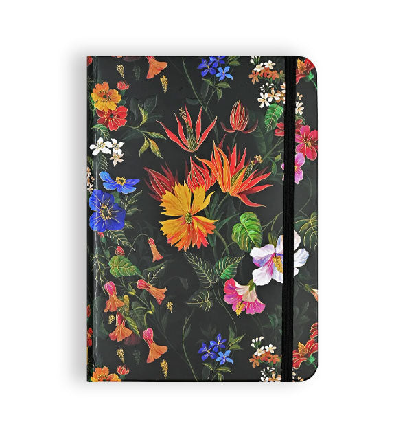 Rectangular black journal cover with two rounded corners features a colorful floral pattern and a black elastic band holding it closed