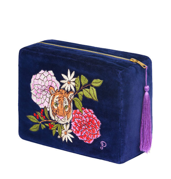 Rectangular dark blue velvet bag with purple tassel zipper pull and embroidered design of flowers and a tiger's head