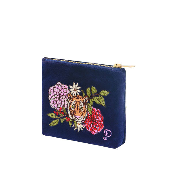 Dark blue velvet zipper pouch with colorful tiger and floral embroidery