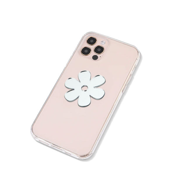 Back of smartphone with flower-shaped mirror decal attached