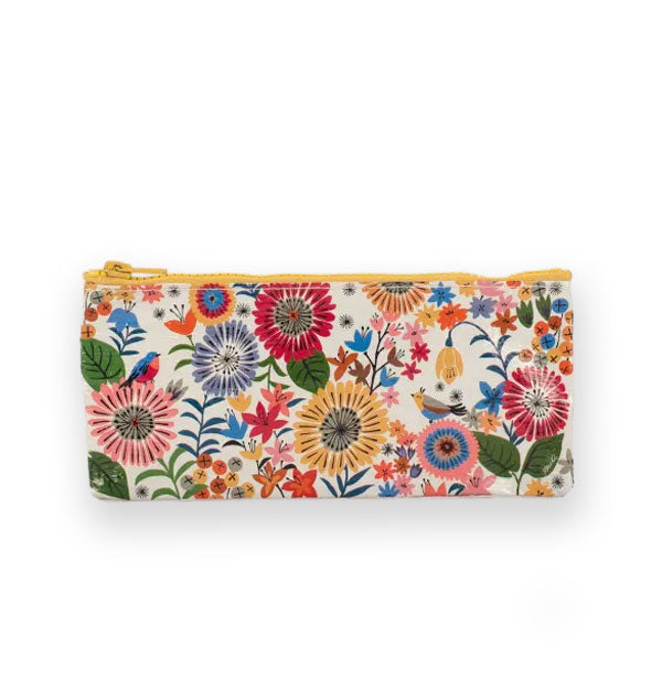 Rectangular cream-colored pouch with yellow zipper features colorful all-over floral artwork