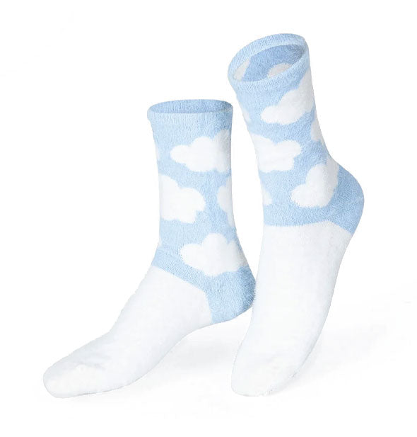 Pair of white and blue crew socks with partial cloud print