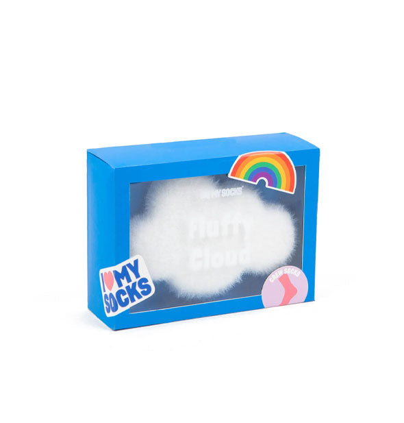 Pack of Fluffy Cloud socks in blue packaging with clear window and rainbow sticker accent