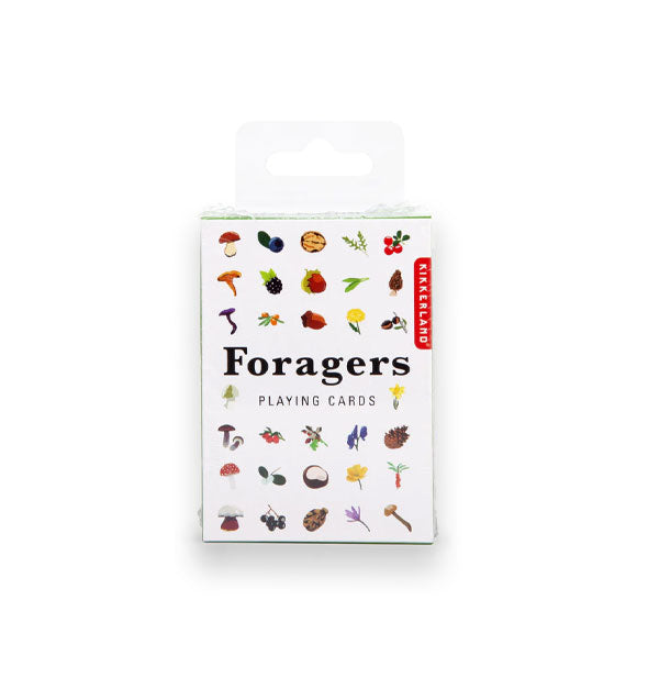White pack of Foragers Playing Cards with small colorful illustrations of plants and fungi
