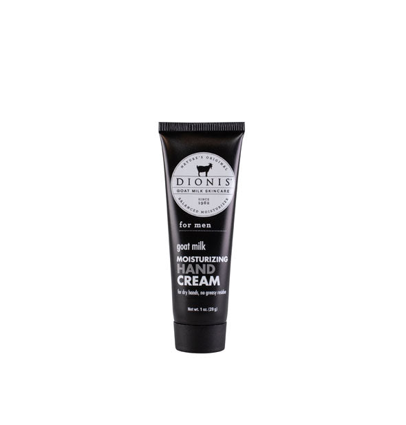 Black and white 1 ounce bottle of Dionis Goat Milk Hand Cream for Men