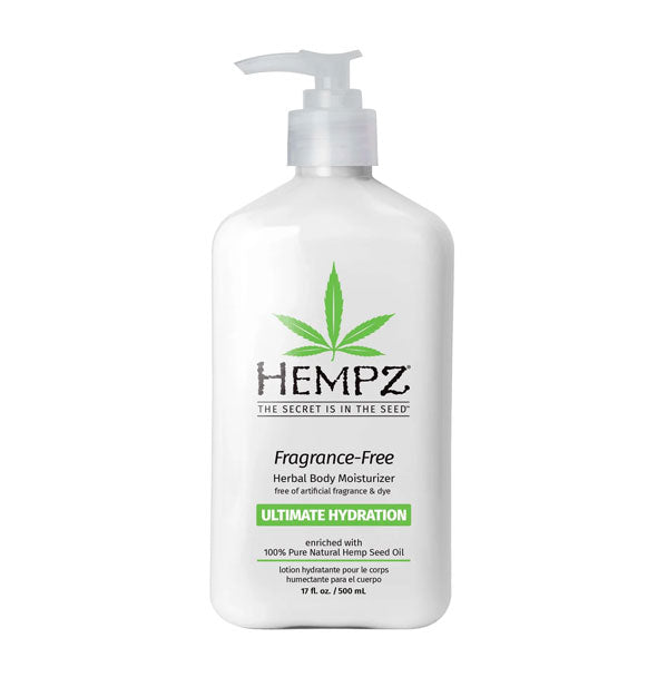 White 17 ounce bottle of Hempz Fragrance-Free Herbal Body Moisturizer for Ultimate Hydration