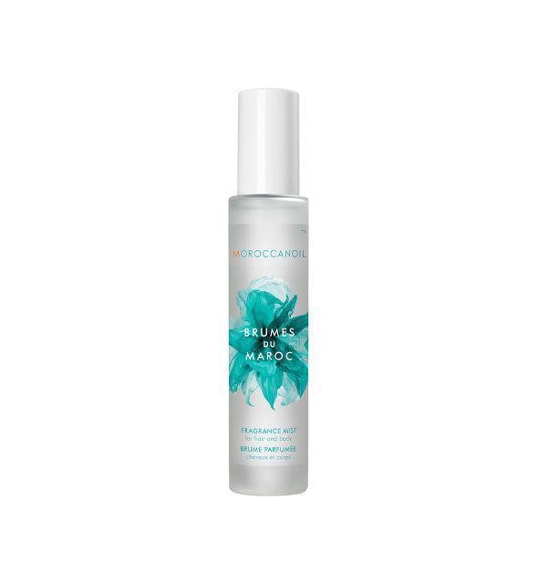 Slender 3.4 ounce bottle of Moroccanoil Brumes du Maroc Fragrance Mist with teal central floral design