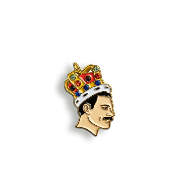 Freddie Mercury enamel pin depicts the artist wearing a colorful crown