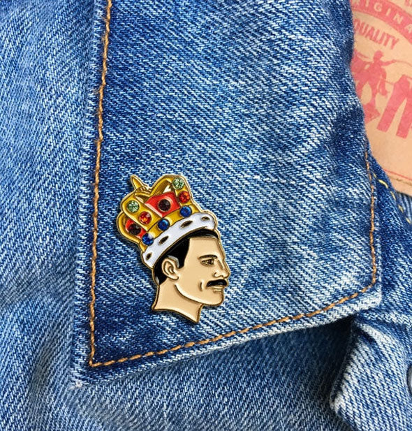 Freddie Mercury enamel pin on jean jacket lapel
