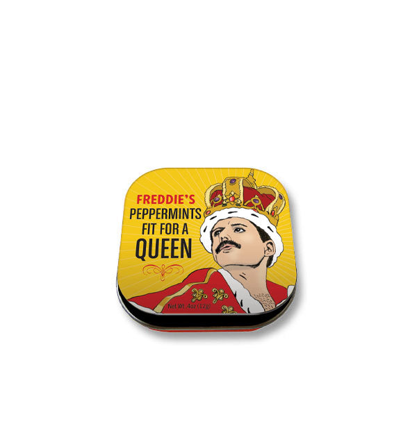 Square yellow tin with rounded corners features illustrated portrait of Freddie Mercury in royal attire next to the caption, "Freddie's peppermints fit for a queen"