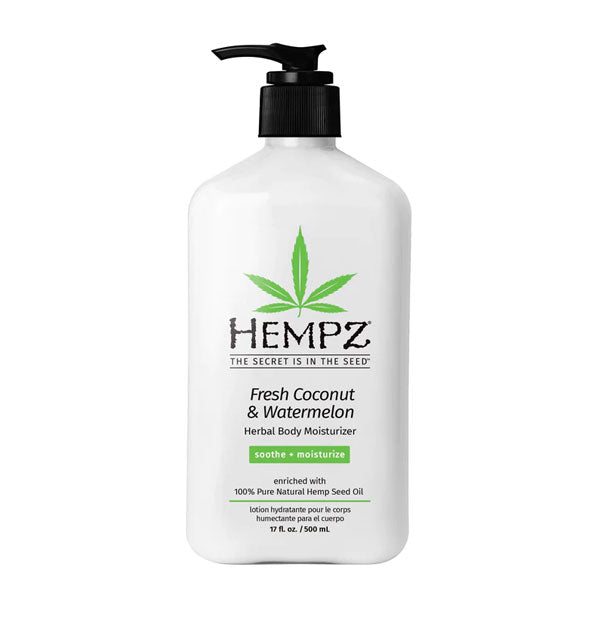 White 17 ounce bottle of Hempz Fresh Coconut & Watermelon Herbal Body Moisturizer with black and green lettering and design accents