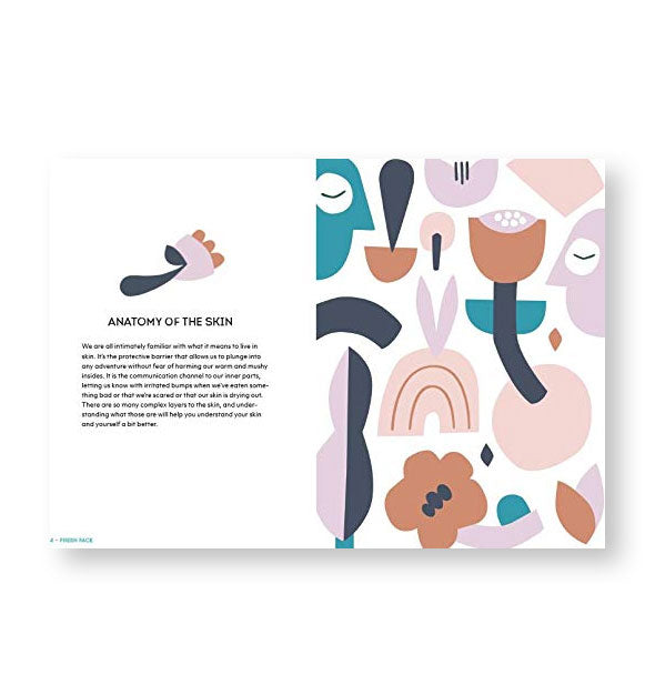 Page spread from Fresh Face features a section titled, "Anatomy of the Skin" alongside abstract pastel illustrations