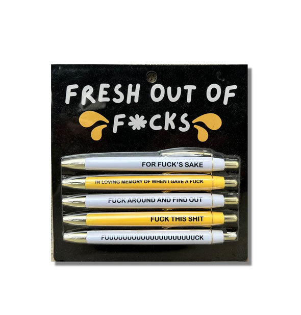 Pack of five silver and yellow Fresh Out of F*cks pens each printed with a themed phrase