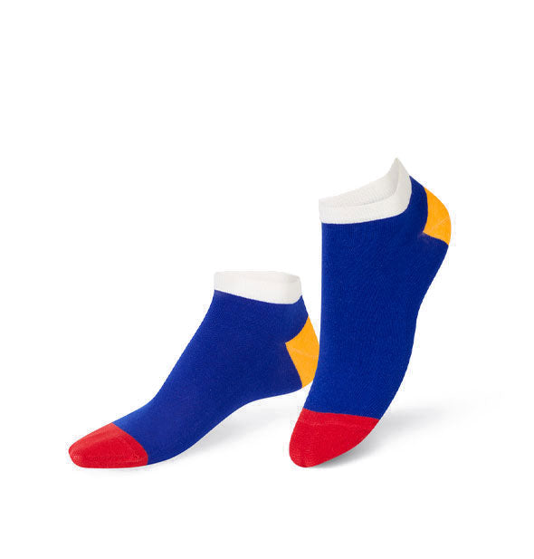 Pair of blue ankle socks with red toes, yellow heels, and white top bands