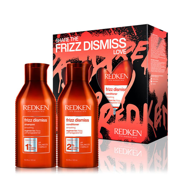 Redken Share the Frizz Dismiss Love kit box with contents: 16.9 ounce Frizz Dismiss Shampoo and Conditioner