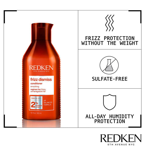 Bottle of Redken Frizz Dismiss Conditioner is labeled with its key benefits represented by infographics