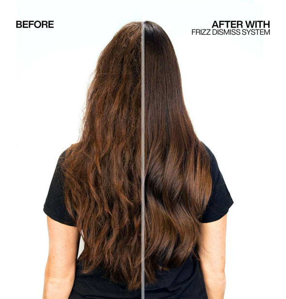 Side-by-side comparison of model's hair before and after using Redken's Frizz Dismiss system