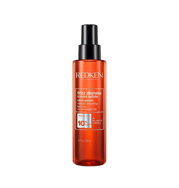 Red 4.2 ounce bottle of Redken Frizz Dismiss Instant Deflate Oil-In-Serum with black nozzle