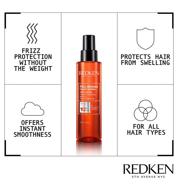 Bottle of Redken Frizz Dismiss Instant Deflate Oil-In-Serum is labeled with its key benefits represented by infographics