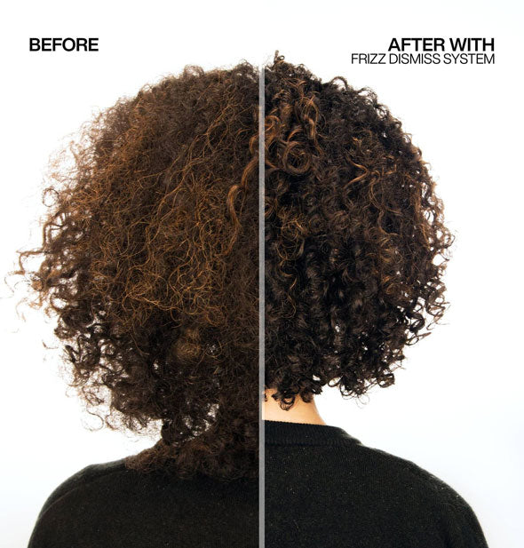 Side-by-side comparison of model's hair after using the Redken Frizz Dismiss system