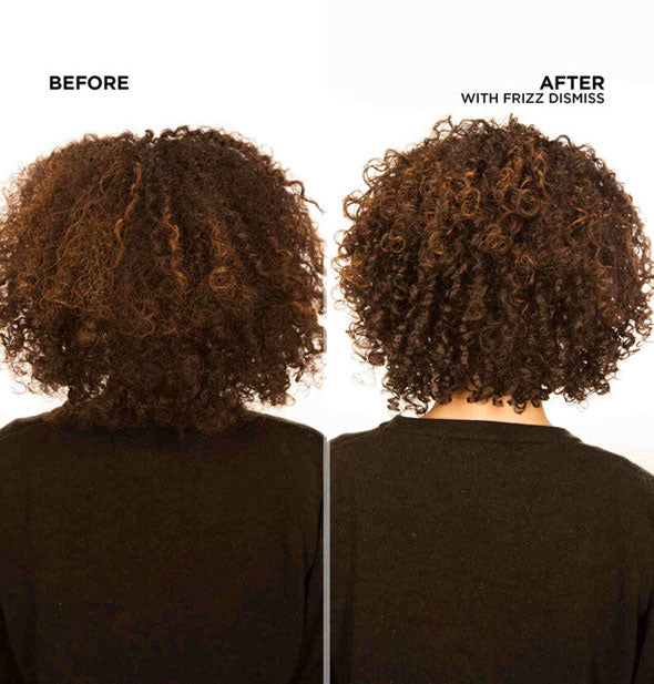 Side-by-side comparison of model's hair before and after using Redken Frizz Dismiss Mask