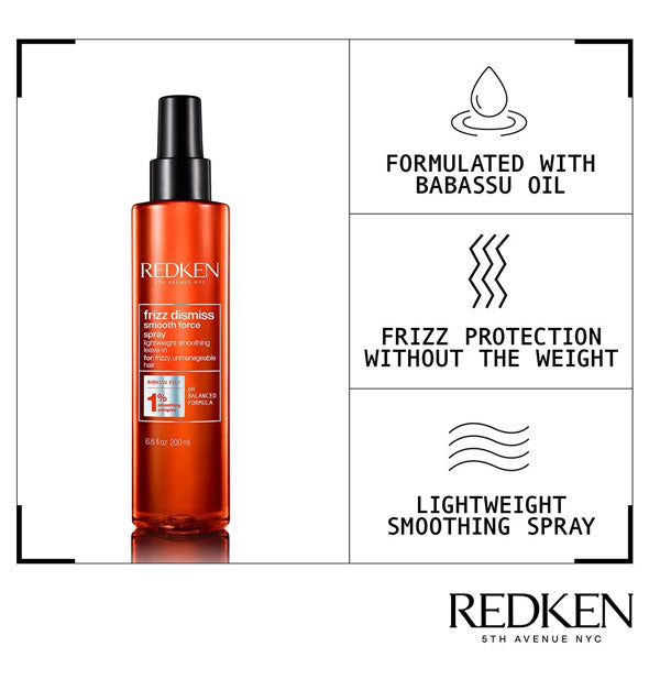 Bottle of Redken Frizz Dismiss Smooth Force Spray is labeled with its key benefits represented by infographics: Formulated with babassu oil; Frizz protection without the weight; Lightweight smoothing spray
