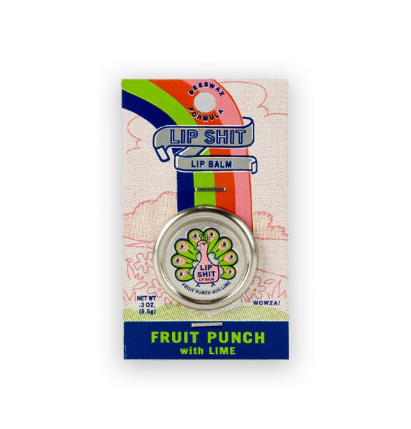 Pot of Fruit Punch With Lime Lip Shit Lip Balm on product card features peacock illustration and a pastoral scene with rainbow