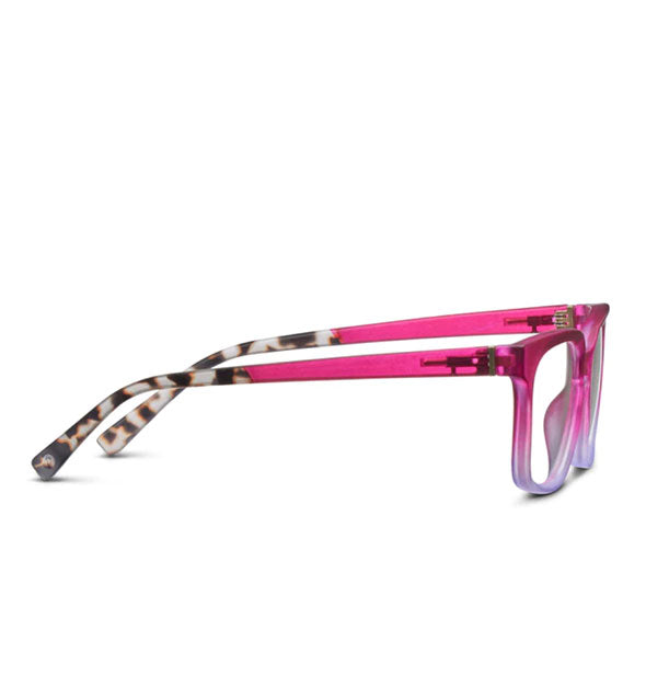 Pair of glasses with a fuchsia-to-lavender ombre frame accented by beige tortoise temple tips