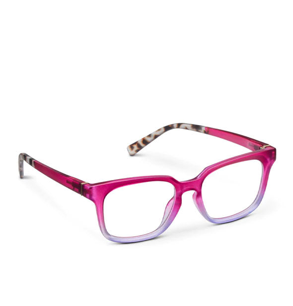 Pair of glasses with a fuchsia-to-lavender ombre frame accented by beige tortoise temple tips