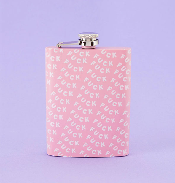 Light pink rectangular flask is printed all over with the word "Fuck" in small, white lettering