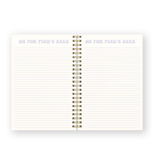 Spiral-bound notebook interior features lined pages headed with the phrase, "Oh for fuck's sake" in light blue retro-style lettering