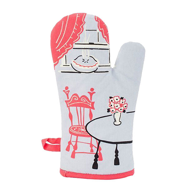 Oven mitt with monochromatic illustration of a dining table and pie cooling on a windowsill