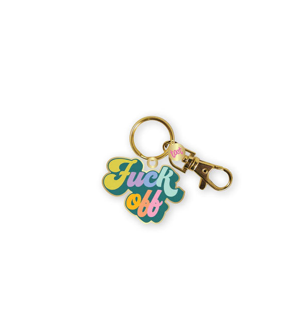 Enamel keychain with gold edging and hardware says, "Fuck off" in multicolored retro-style script lettering