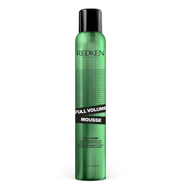 Green, black, and white 12.1 ounce can of Redken Full Volume Mousse