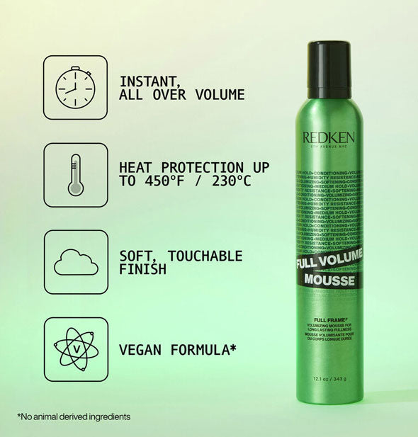 Can of Redken Full Volume Mousse is labeled with its key benefits accompanied by infographics: "Instant, all over volume; Heat protection up to 450°F; Soft, touchable finish; Vegan formula"