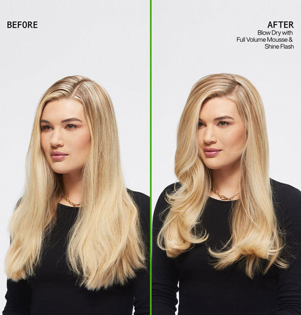 Side-by-side images of model's hair before and after blowing dry with Redken Full Volume Mousse and Shine Flash
