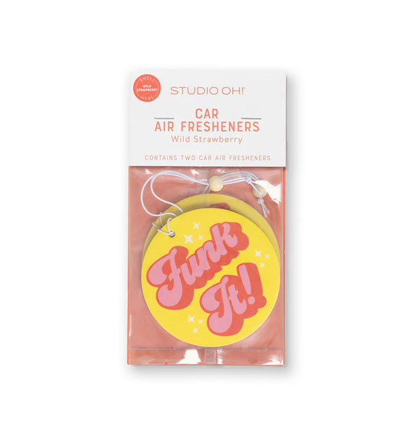 Pack of two round yellow car air fresheners that say, "Funk It!" in mod pink script