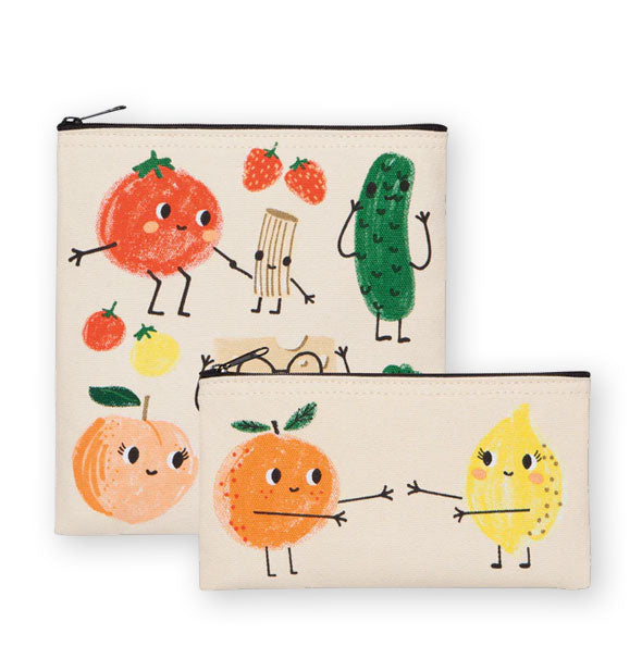 Set of two zippered pouches, one more square and the other a horizontal rectangle, each featuring whimsical anthropomorphic foods interacting with one another