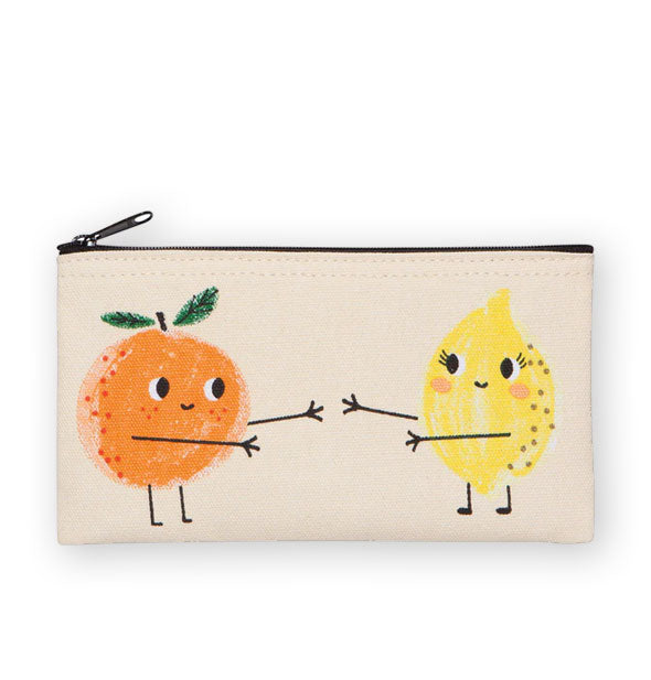 Rectangular zippered pouch features graphic of an anthropomorphic orange and lemon with stick arms outreached to one another