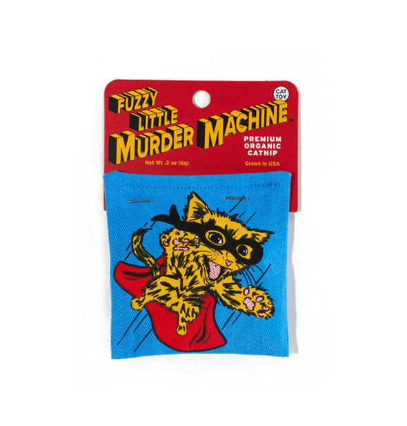 Blue organic catnip pouch with image of a flying yellow kitten with black eye mask and red cape is attached to a red product card that says, "Fuzzy Little Murder Machine" in the style of retro comic books