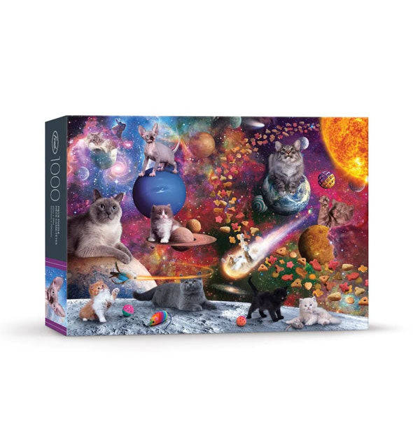 1,000 piece jigsaw puzzle box depicts a cosmic scene of planets, comets, and other celestial bodies interspersed with cats of all sizes, colors, and breeds