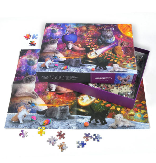 Partially opened Galaxy Cats jigsaw puzzle box with some pieces and reference poster removed
