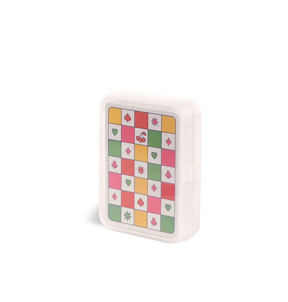 Pack of playing cards with a colorful checkered back pattern inside a clear plastic storage case