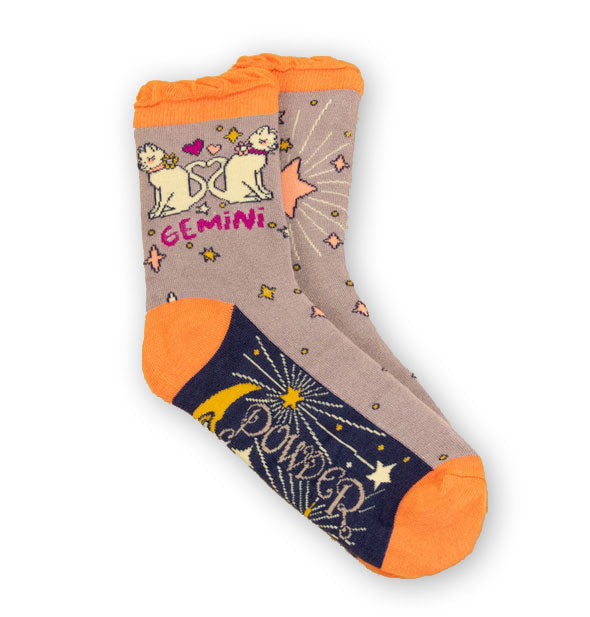 Pair of Gemini socks by Powder feature astrology-themed twin cats design