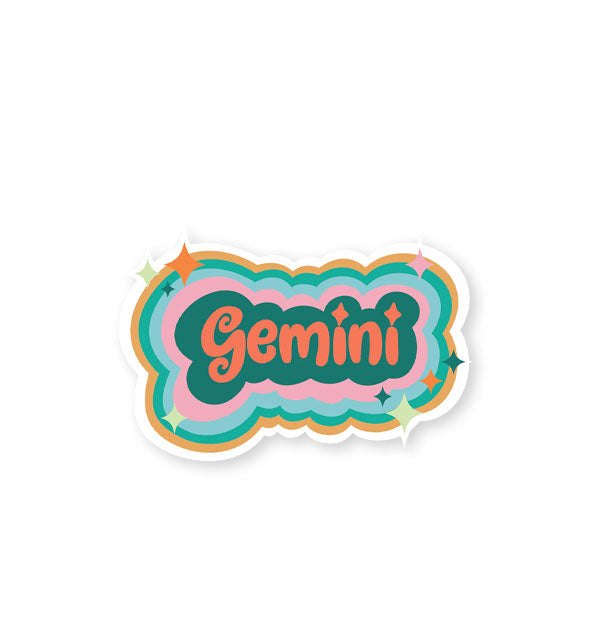 Gemini sticker with colorful striped border and star accents